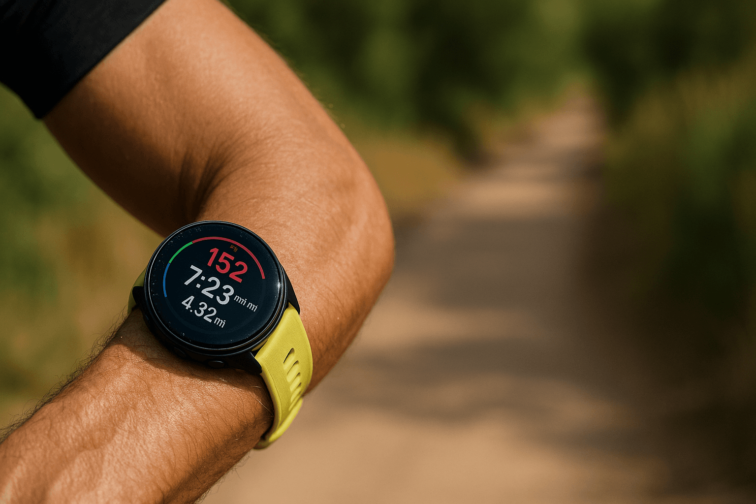 Close-up of a Forerunner 965 on a runner's wrist with bright AMOLED display