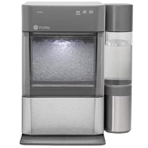 Amazon product image of GE Profile Opal 2.0 Nugget Ice Maker on countertop, clear bin filled with nugget ice